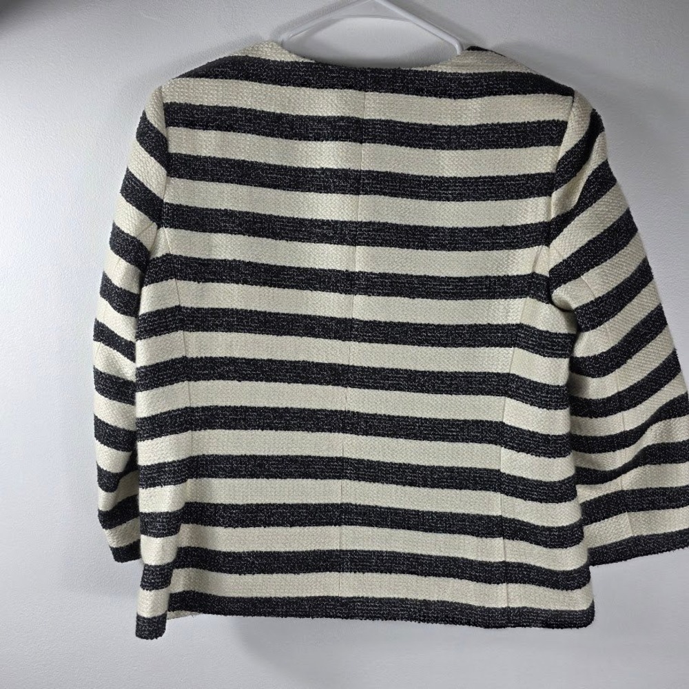 Talbot Woven Striped Blazer Jacket Women's Black Cream Button Front Collarless - Picture 3 of 6